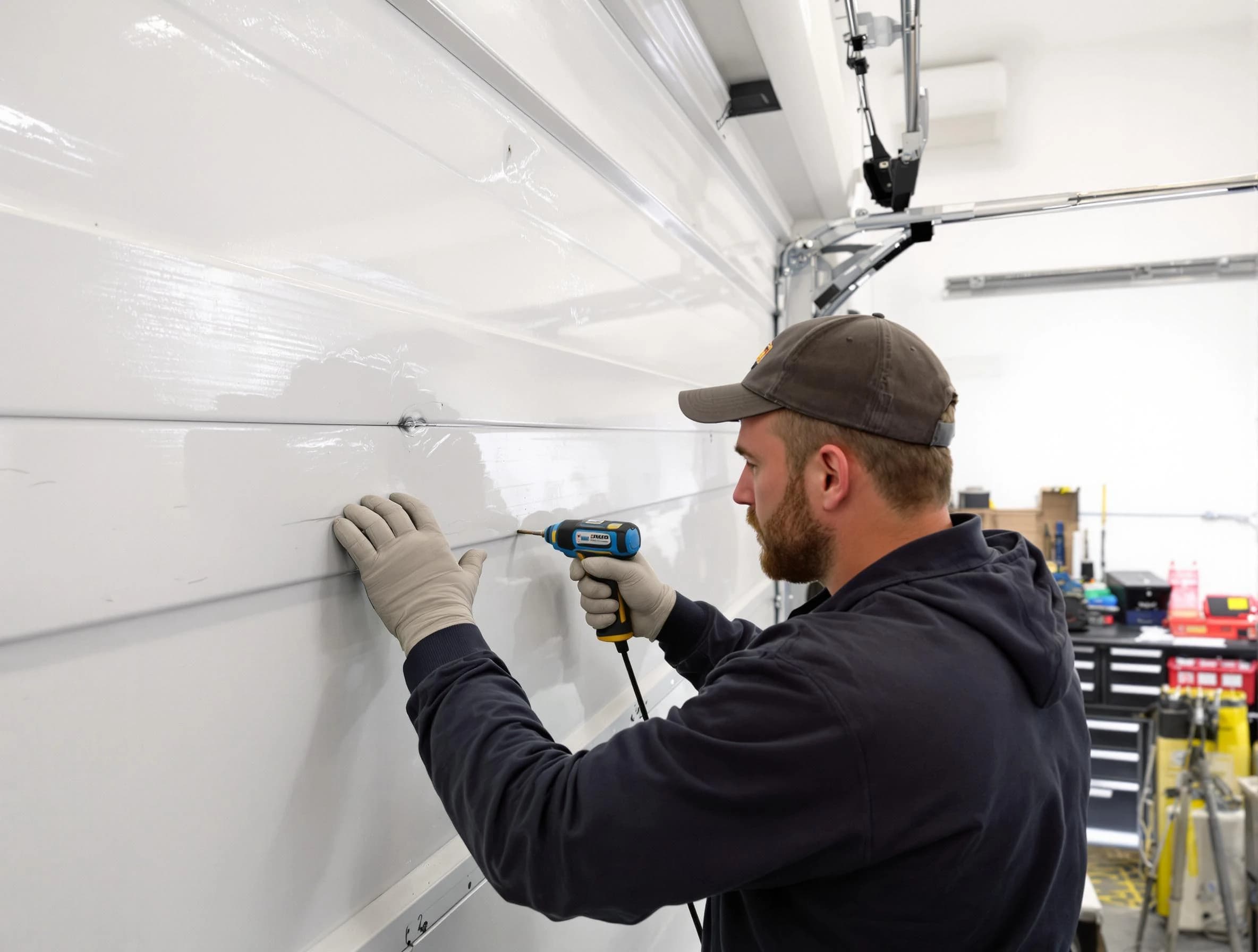 Ken Caryl Garage Door Repair technician demonstrating precision dent removal techniques on a Ken Caryl garage door
